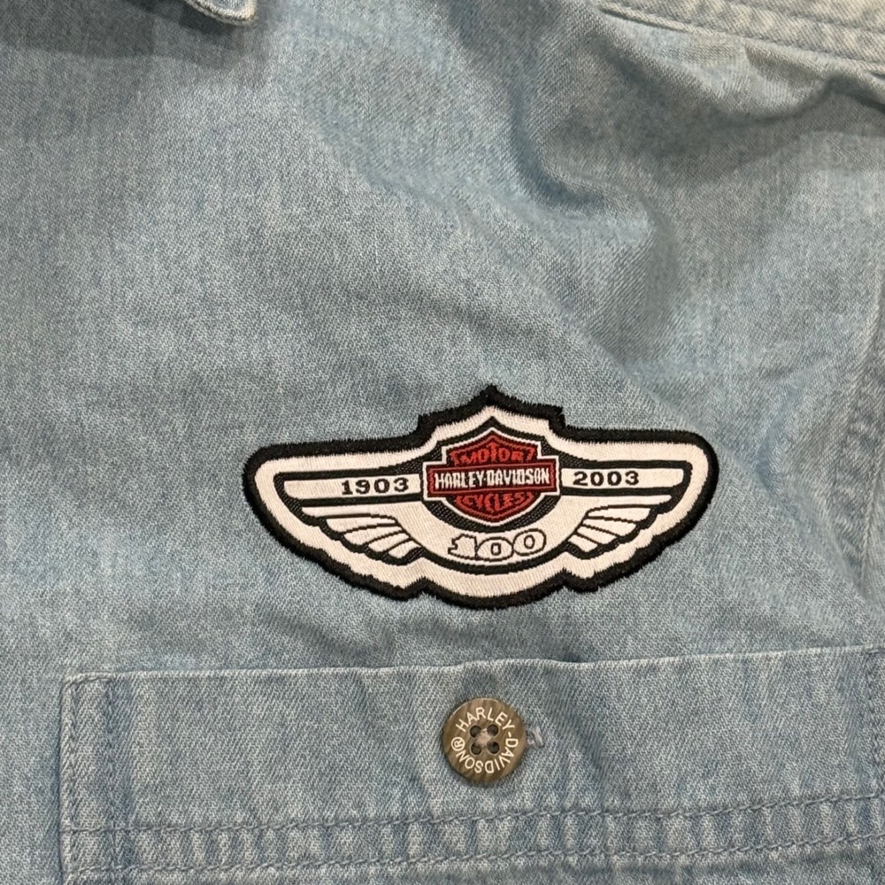 VTG Harley-Davidson 100th Anniversary Denim Shirt Mens S Blue Short Sleeve 2003 - Picture 6 of 6